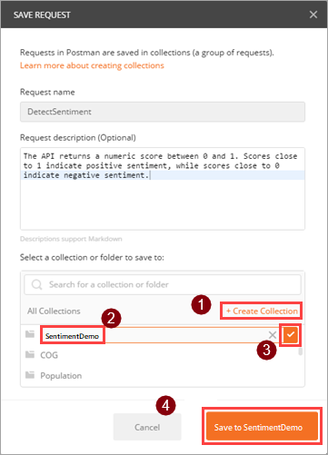 Captura de ecrã que mostra os passos para criar uma coleção.