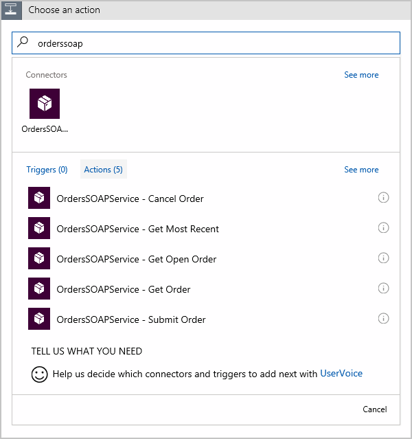 Captura de ecrã de localizar o conector no Logic Apps Designer.