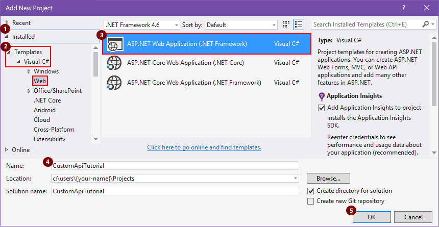 Captura de ecrã a mostrar uma nova aplicação Web ASP.NET Visual C#.