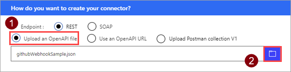 Captura de ecrã que mostra a opção Carregar um ficheiro OpenAPI.