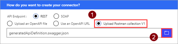 Captura de ecrã que mostra a opção Carregar uma Coleção do Postman V1.