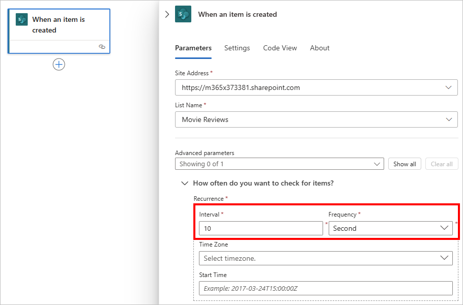 Parâmetros do acionador Criar item do SharePoint