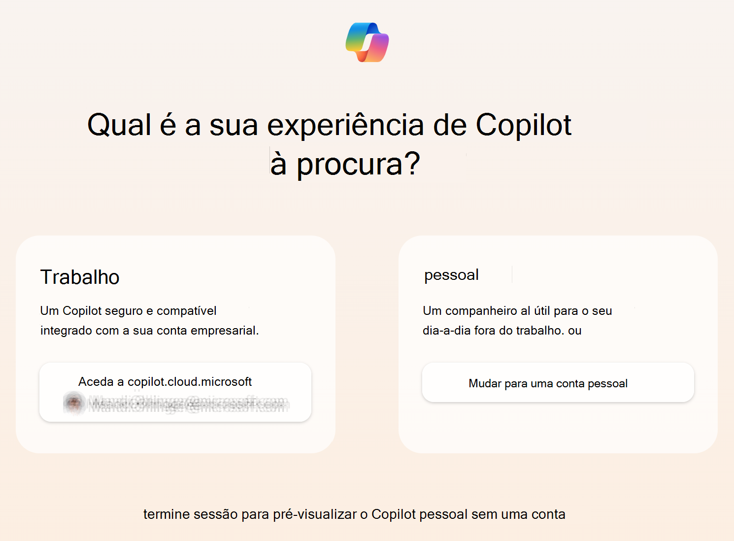 Captura de ecrã a mostrar Microsoft Copilot a pedir Microsoft Entra utilizadores para selecionarem trabalho ou pessoal.