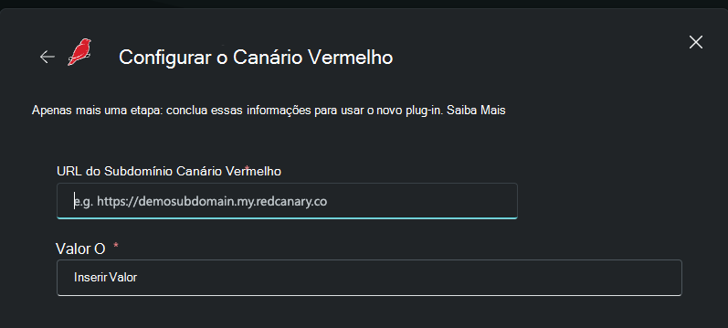 Captura de ecrã a mostrar onde introduzir o URL e a chave de API do Canário Vermelho.