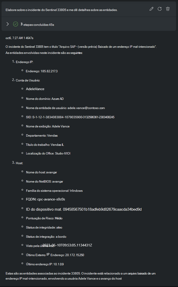 Captura de ecrã a mostrar Microsoft Sentinel resumo do incidente.