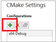 Captura de tela dos controles na parte superior da caixa de diálogo Configurações do CMake, com o controle Adicionar Configuração realçado.