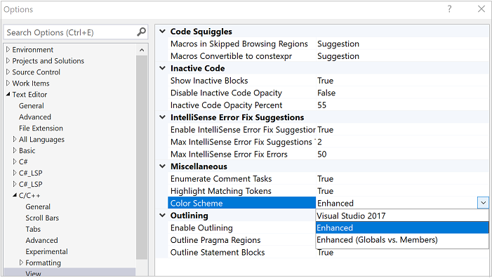 Captura de tela das opções suspensas de esquema de cores do C++. Avançado está realçado nas opções disponíveis.