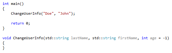 Captura de tela da alteração resultante. Os parâmetros para ChangeUserInfo() agora são: std::string lastName, std::string firstname, int age = -1).