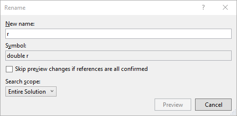 Captura de tela da caixa de diálogo Renomear. Ela solicita o novo nome do símbolo e permite que você especifique o escopo das alterações.