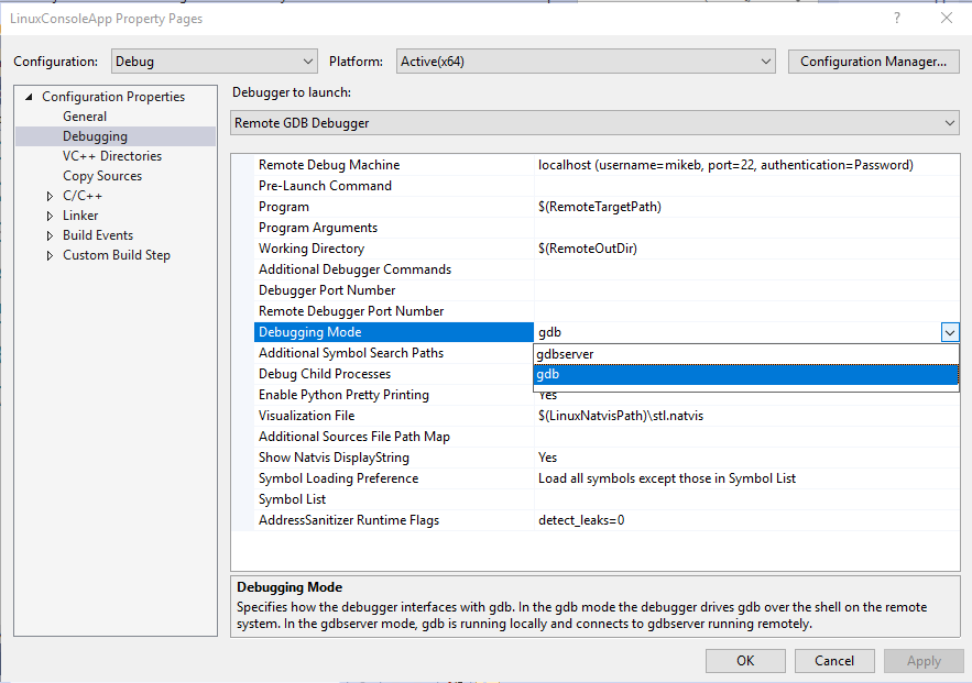 Captura de ecrã da caixa de diálogo das Páginas de Propriedades do Aplicativo de Consola Linux do Visual Studio com as Propriedades de Configuração > Depuração selecionadas e Modo de Depuração destacado com G D B selecionado e destacado na lista de opções.