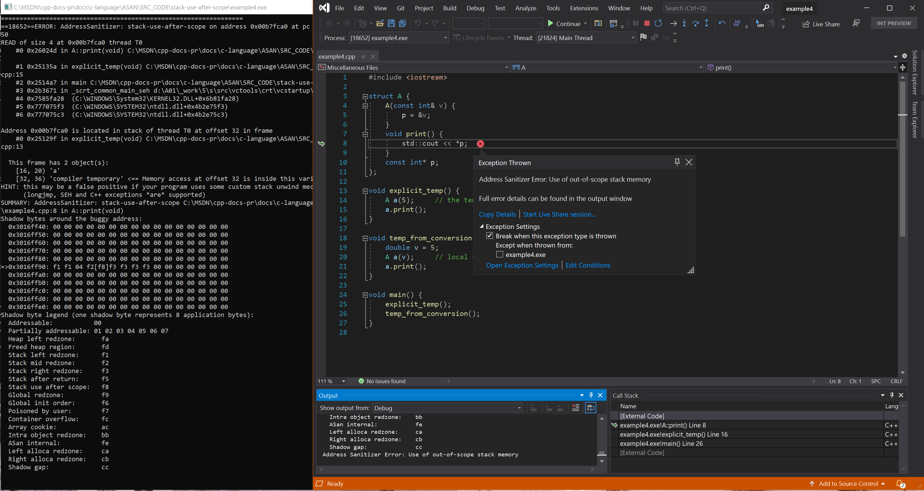 Captura de tela do depurador exibindo o erro stack-use-after-scope no exemplo 4.