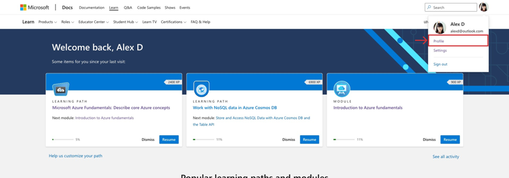 página web da Microsoft Learn mostrando o menu suspenso a partir do avatar da foto de perfil do Learn com a seleção de perfil destacada.