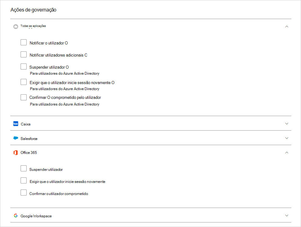 Defender for Cloud Apps ações de governação da política de atividade.
