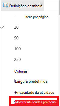 Captura de ecrã a mostrar o ícone de definições do registo de atividades.