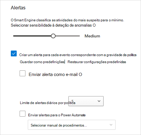 Captura de ecrã que mostra como configurar alertas, incluindo confidencialidade, e-mail e limite diário.