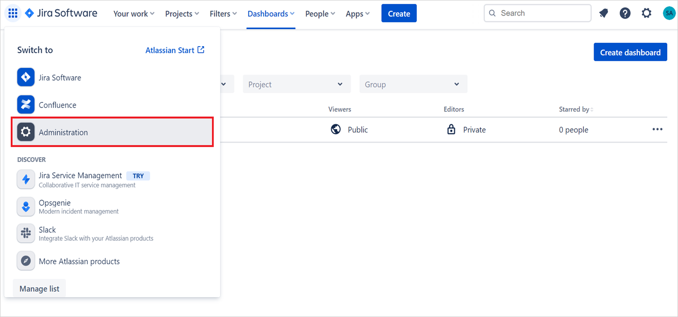 Inicie sessão no portal de Administração Atlassian.