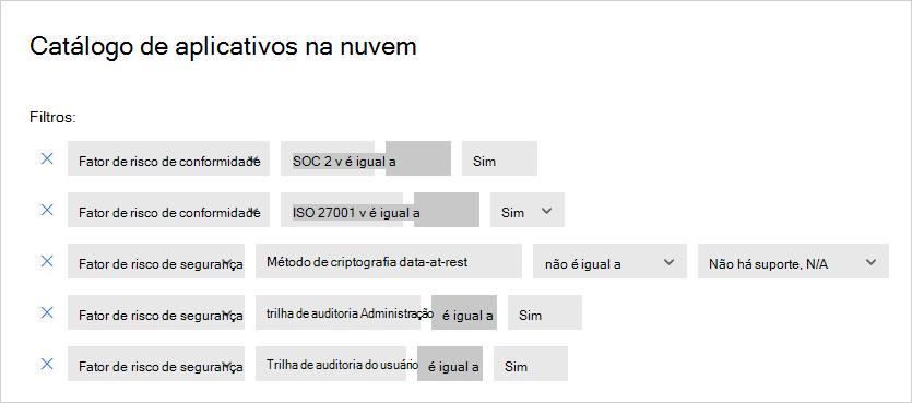 Captura de ecrã a mostrar filtros de catálogo de aplicações na cloud.