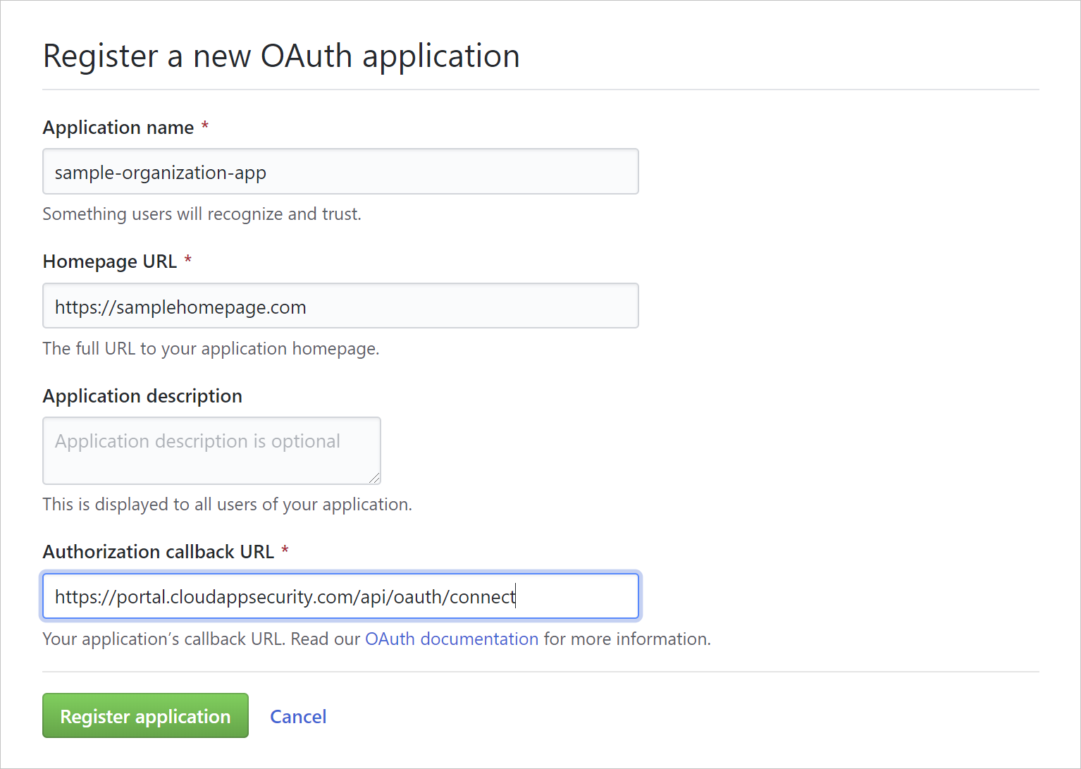 Captura de ecrã a mostrar o registo de uma aplicação oauth.