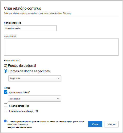 Captura de ecrã a mostrar a criação de um relatório contínuo personalizado.