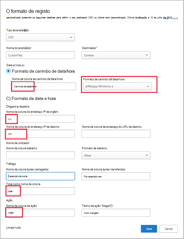 Captura de ecrã a mostrar a caixa de diálogo Formato de registo personalizado, com valores preenchidos.