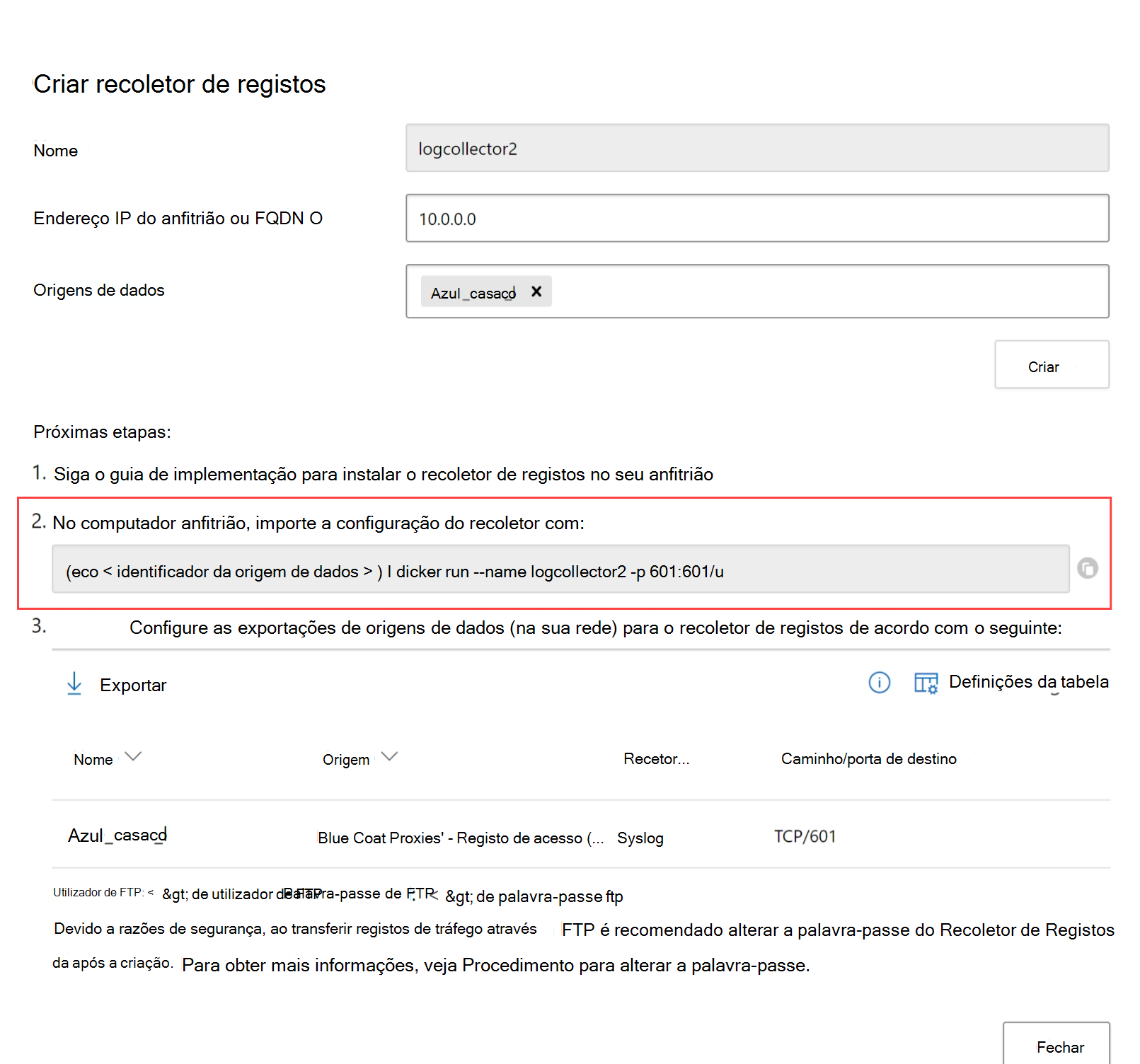 Captura de ecrã do comando a copiar a partir da caixa de diálogo Criar recoletor de registos.