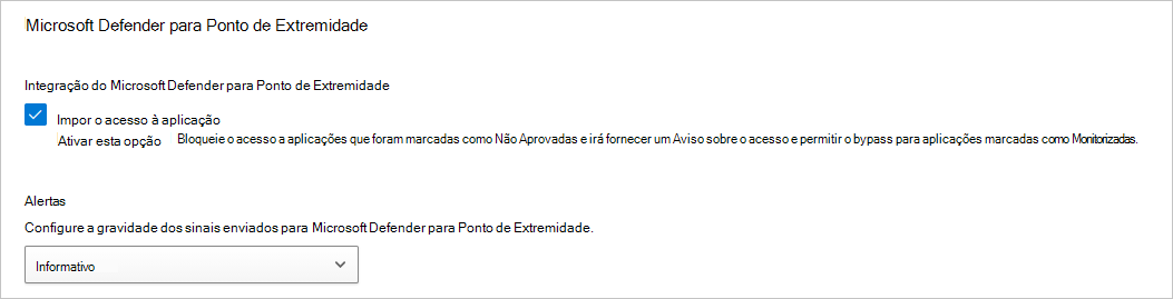 Captura de ecrã a mostrar as definições de alerta do Defender para Endpoint.