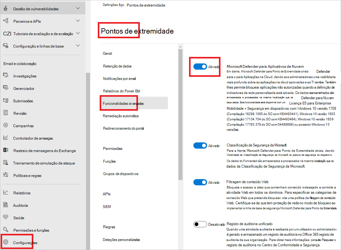 Captura de ecrã a mostrar as definições do Defender para Endpoint.