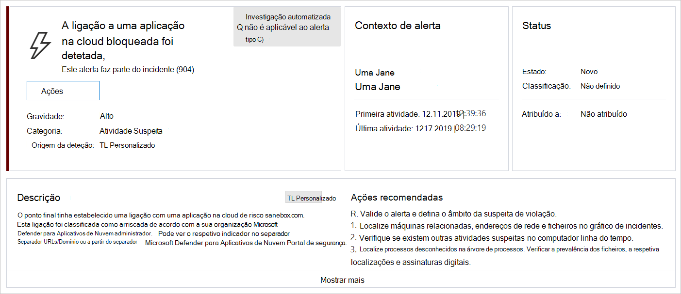 Captura de ecrã a mostrar o alerta da aplicação não aprovada do Defender para Endpoint.