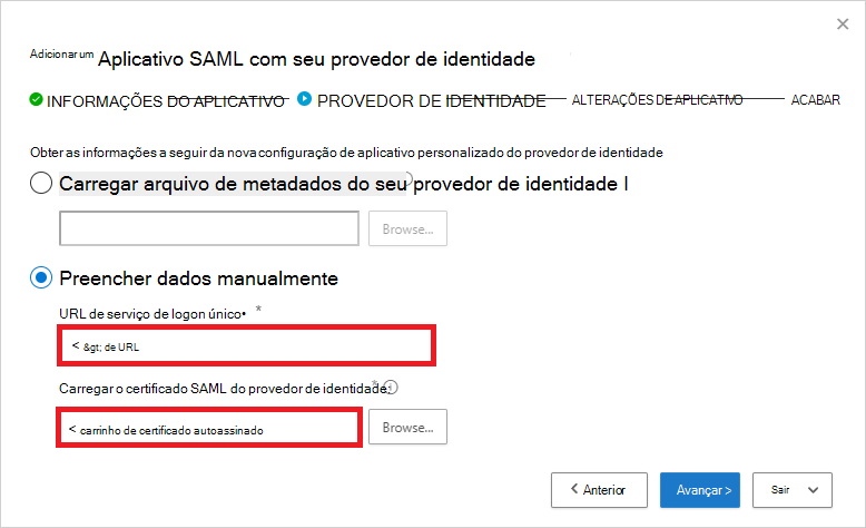 Adicione o URL do serviço SSO e o certificado SAML.