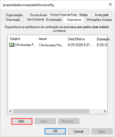 Atualize as propriedades SAML das propriedades de assinatura de confiança confiadoras.