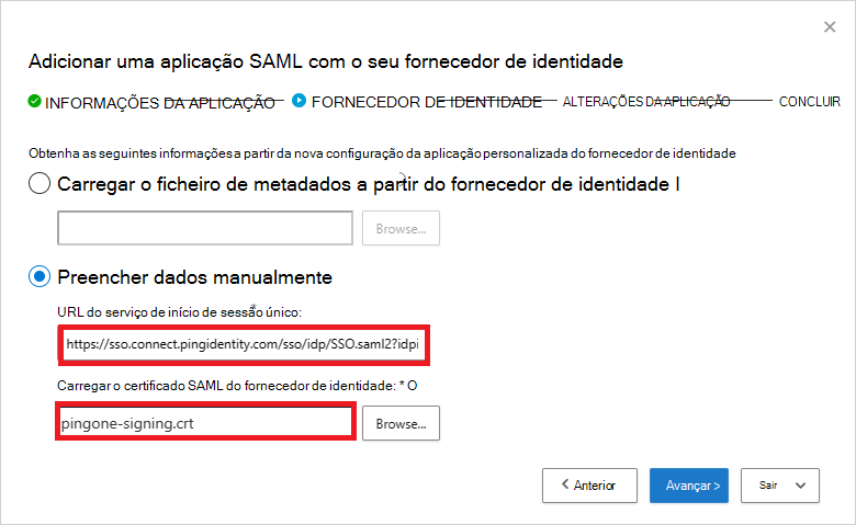 Adicione o URL do serviço SSO e o certificado SAML.