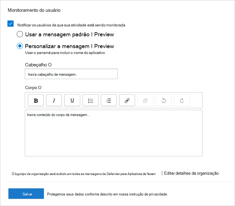 Captura de ecrã a mostrar as opções de monitorização do utilizador.