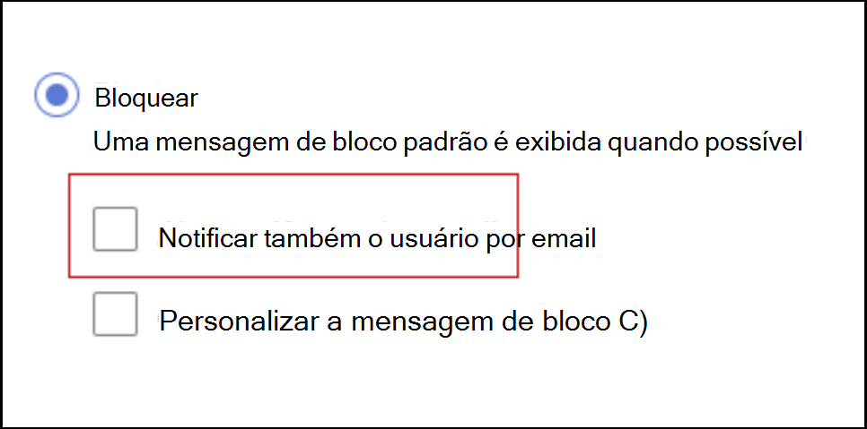 Captura de ecrã a mostrar como bloquear a notificação do utilizador final por e-mail.