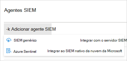 Captura de ecrã a mostrar o menu Adicionar integração SIEM.