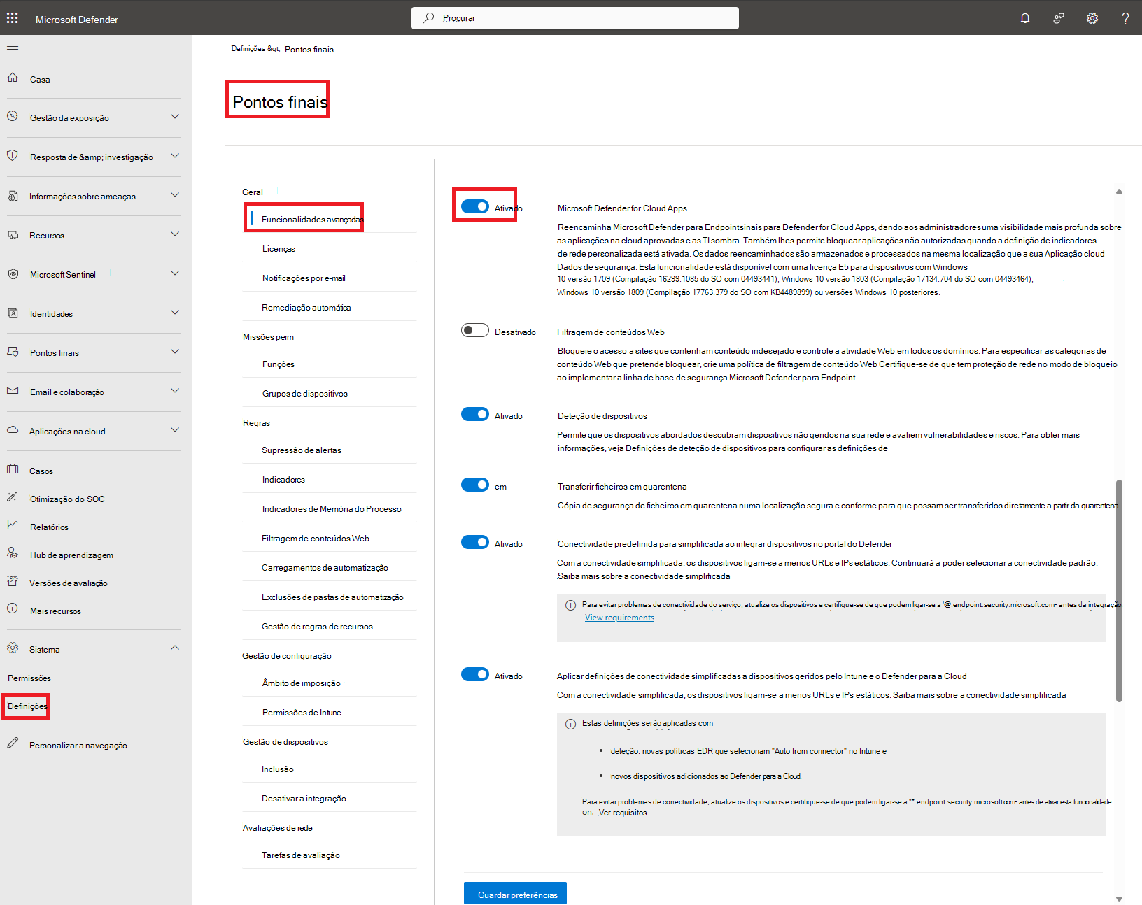 Captura de ecrã a mostrar as definições do Defender para Endpoint.