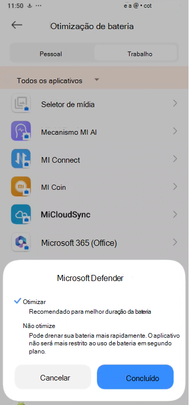 Imagem do menu pendente Microsoft Defende Optimize