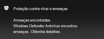 Microsoft Defender notificação Ameaças de Antivírus encontradas fornece opções para obter detalhes