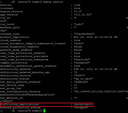 Imagem do resultado do estado de funcionamento do mdatp