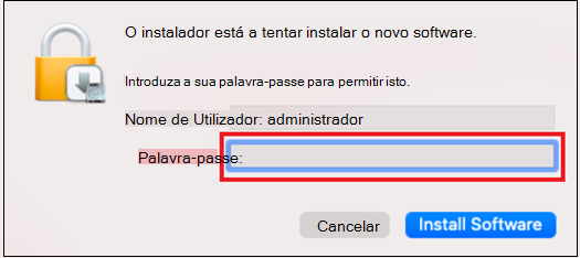 Captura de ecrã a mostrar a caixa de diálogo palavra-passe.