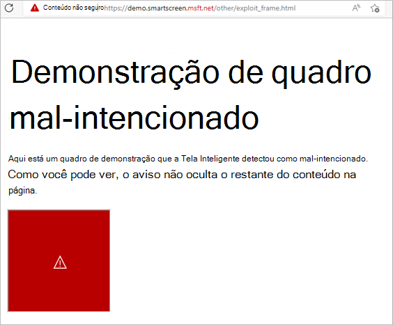 Uma demonstração de como o SmartScreen responde a uma moldura numa página que é detetada como maliciosa. Apenas a moldura maliciosa está bloqueada