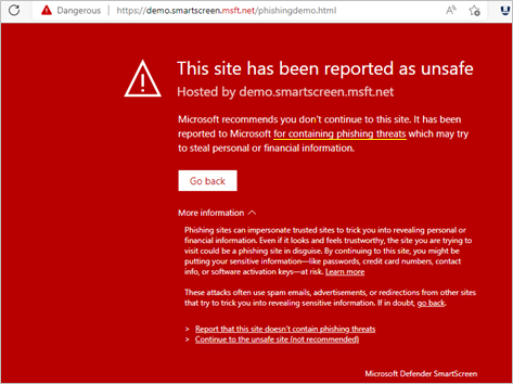 O SmartScreen informa que o site é conhecido por conter ameaças de phishing