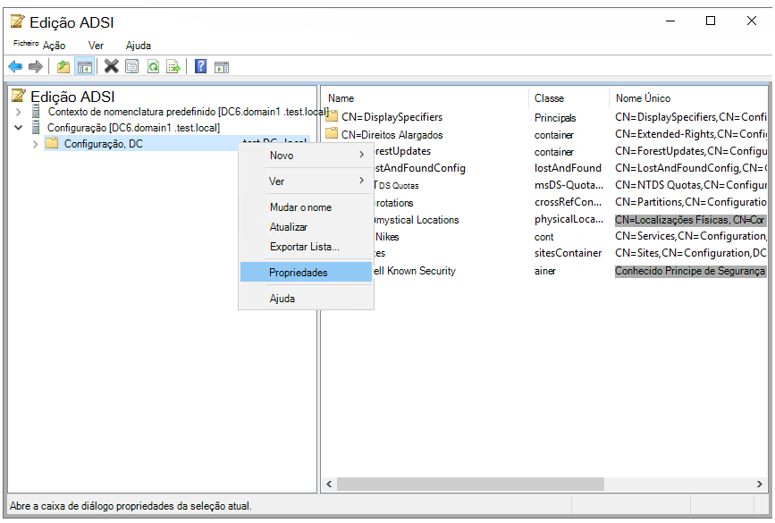 Captura de ecrã das seleções para abrir propriedades para o nó Configuração CN.