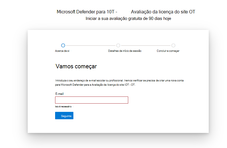 Captura de ecrã para começar e configurar a página do Microsoft Defender da licença de avaliação de IoT.