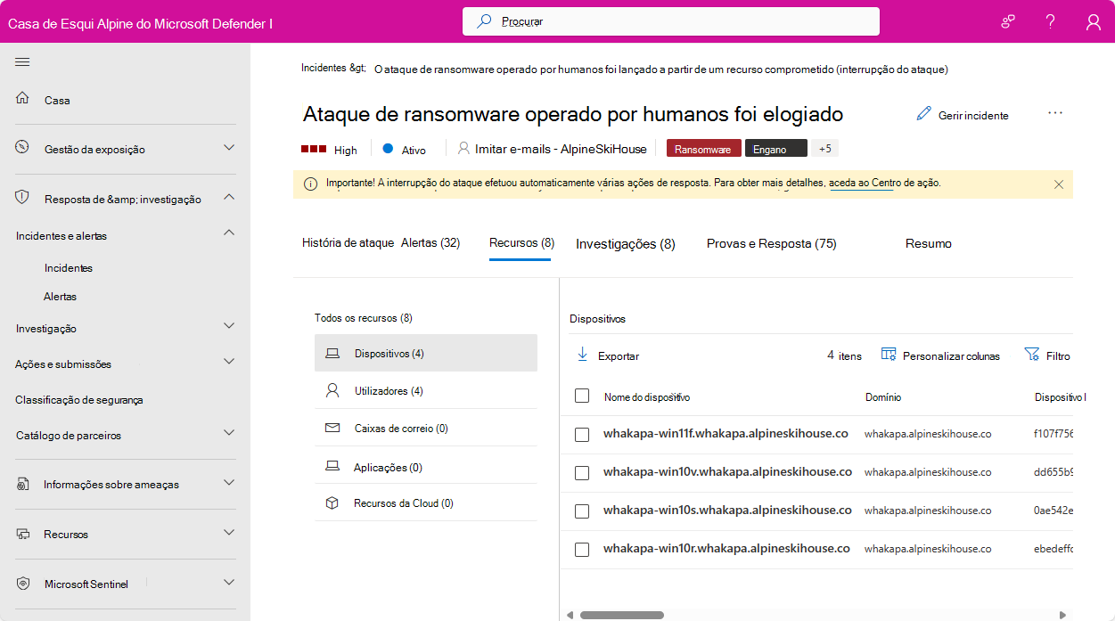 Captura de ecrã da página Utilizadores de um incidente no portal do Microsoft Defender.