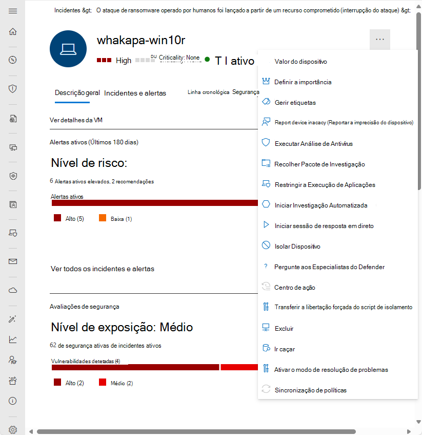 Captura de ecrã a mostrar a Barra de ação da página da entidade do dispositivo no portal do Microsoft Defender.