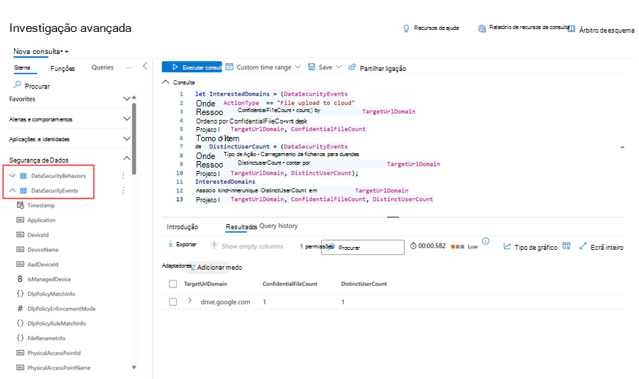 Página de investigação avançada que mostra uma consulta com as tabelas relacionadas com eventos e comportamentos de risco interno.