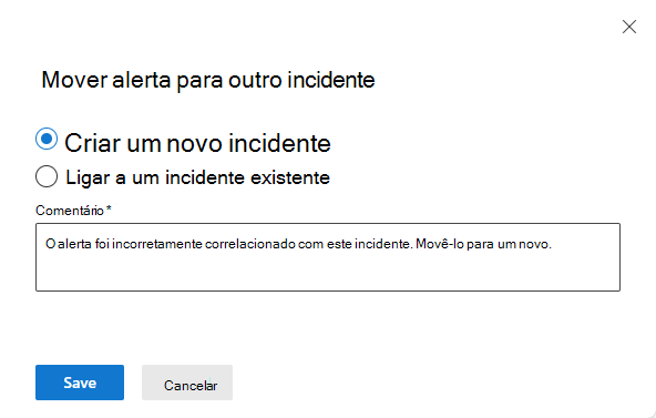 Captura de ecrã a mostrar a seleção de um novo incidente para o qual mover um alerta.