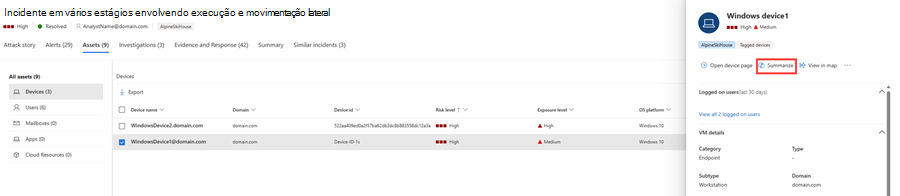 Captura de ecrã a realçar a opção de resumo do dispositivo no separador de recursos de uma página de incidente no Copilot no Defender.