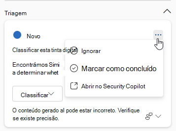 Captura de ecrã que mostra as opções disponíveis para os utilizadores num cartão de resposta guiado no painel lateral copilot.