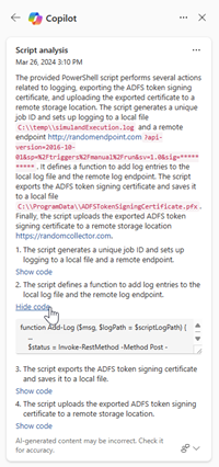 Captura de ecrã que mostra o painel Copilot com os resultados da análise de scripts na página Microsoft Defender XDR incidente.